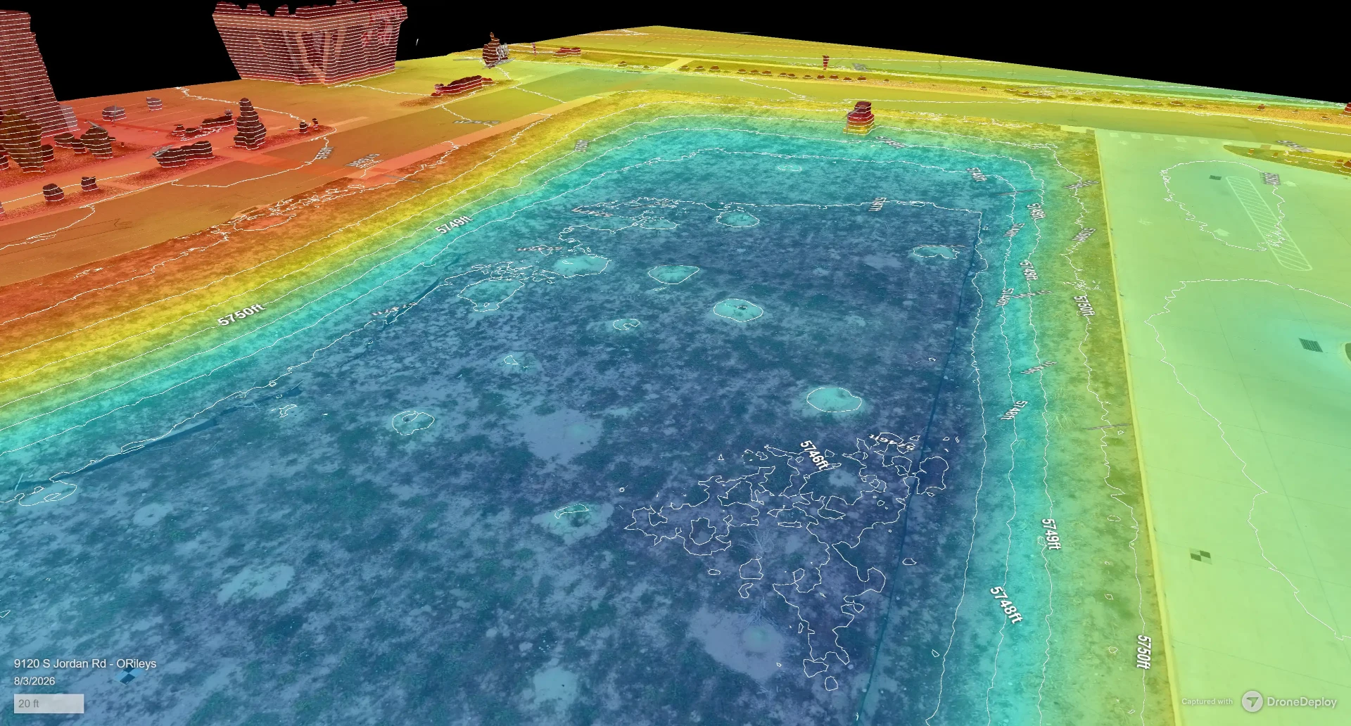 3D topographic elevation model of a site with color-coded contours in feet