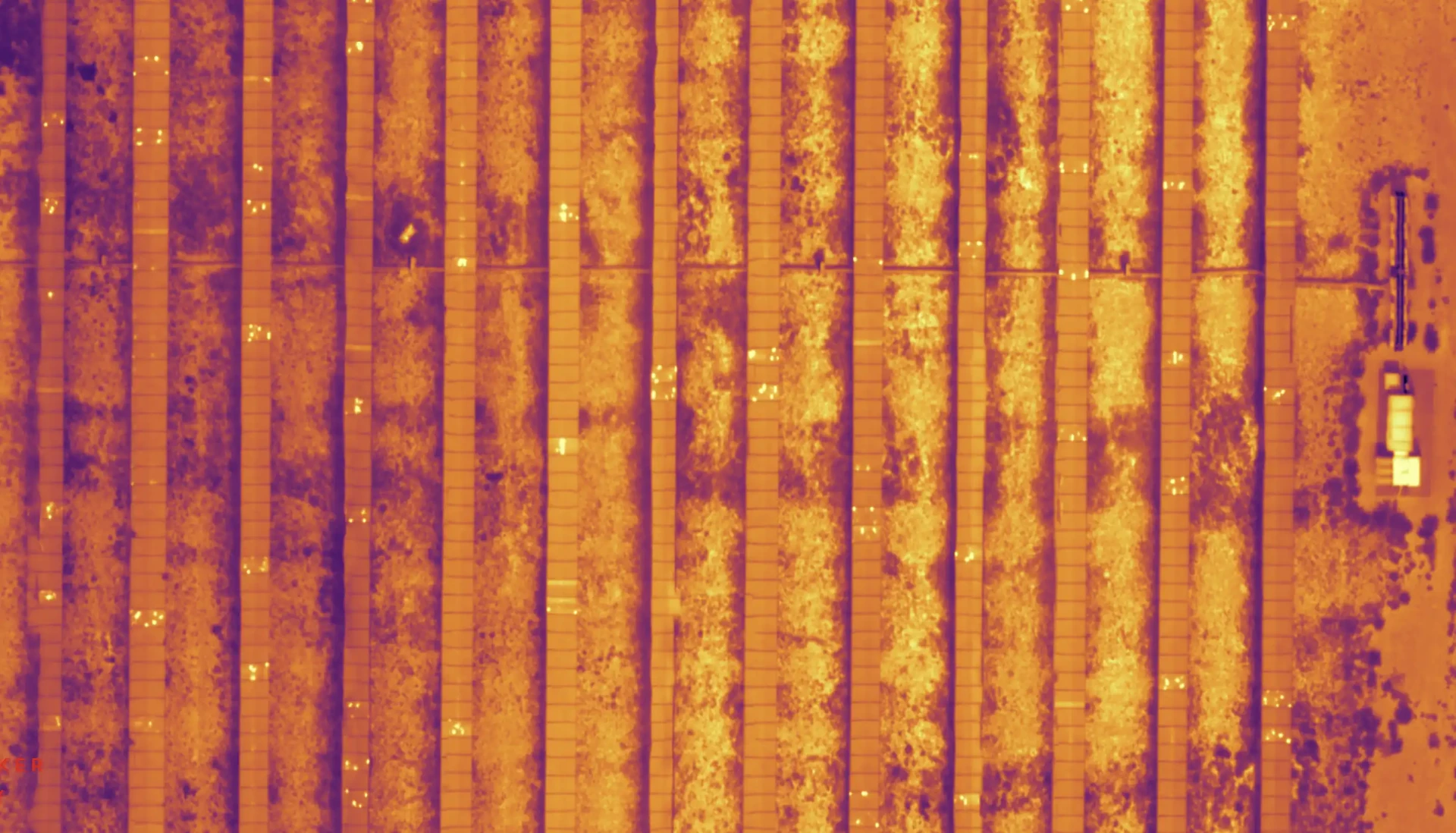 Aerial thermal map of a large solar array showing panel rows with hotspots and defective cells