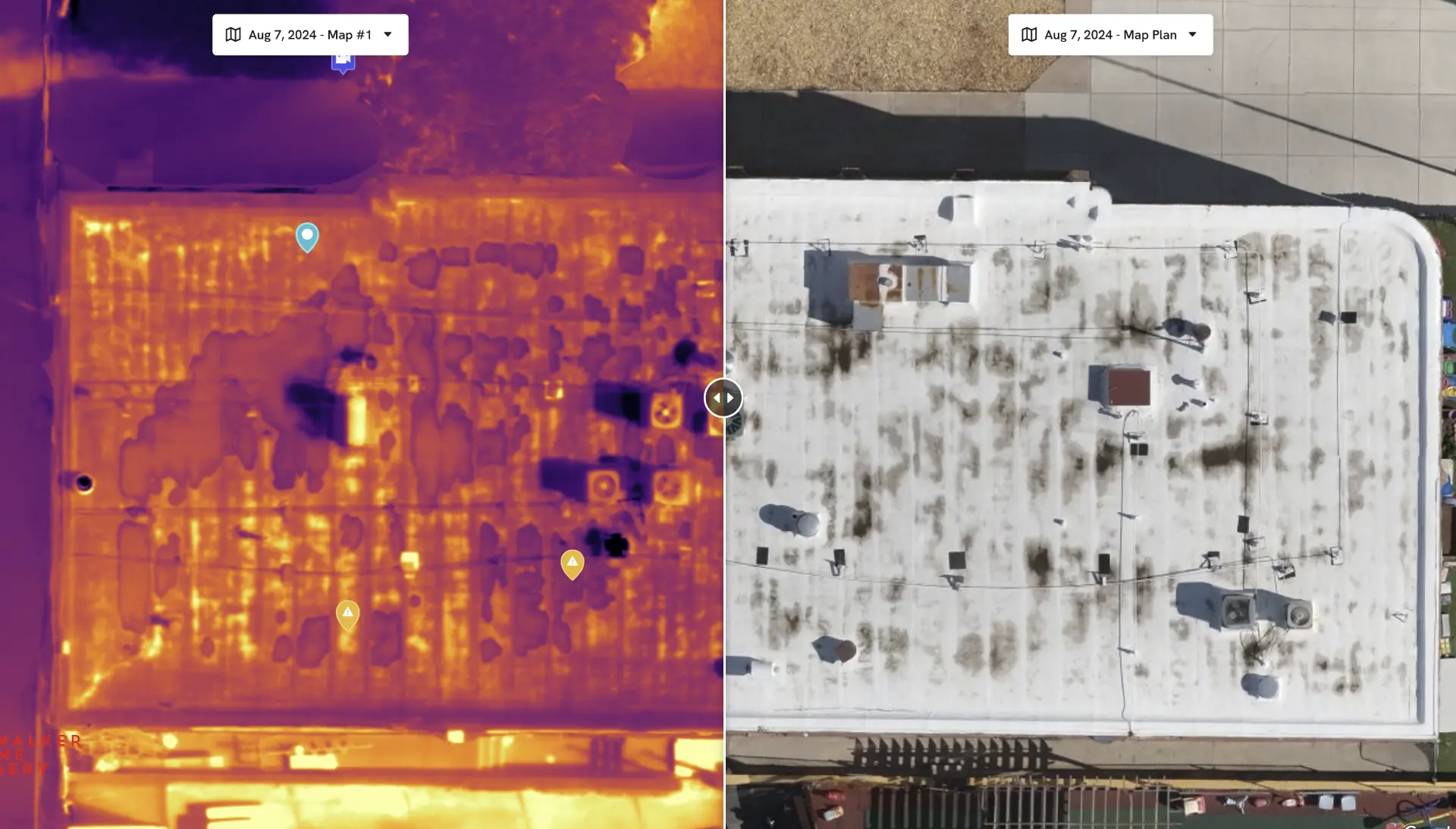 Side-by-side drone thermal map and visual orthomosaic of a commercial roof showing trapped moisture behind the membrane
