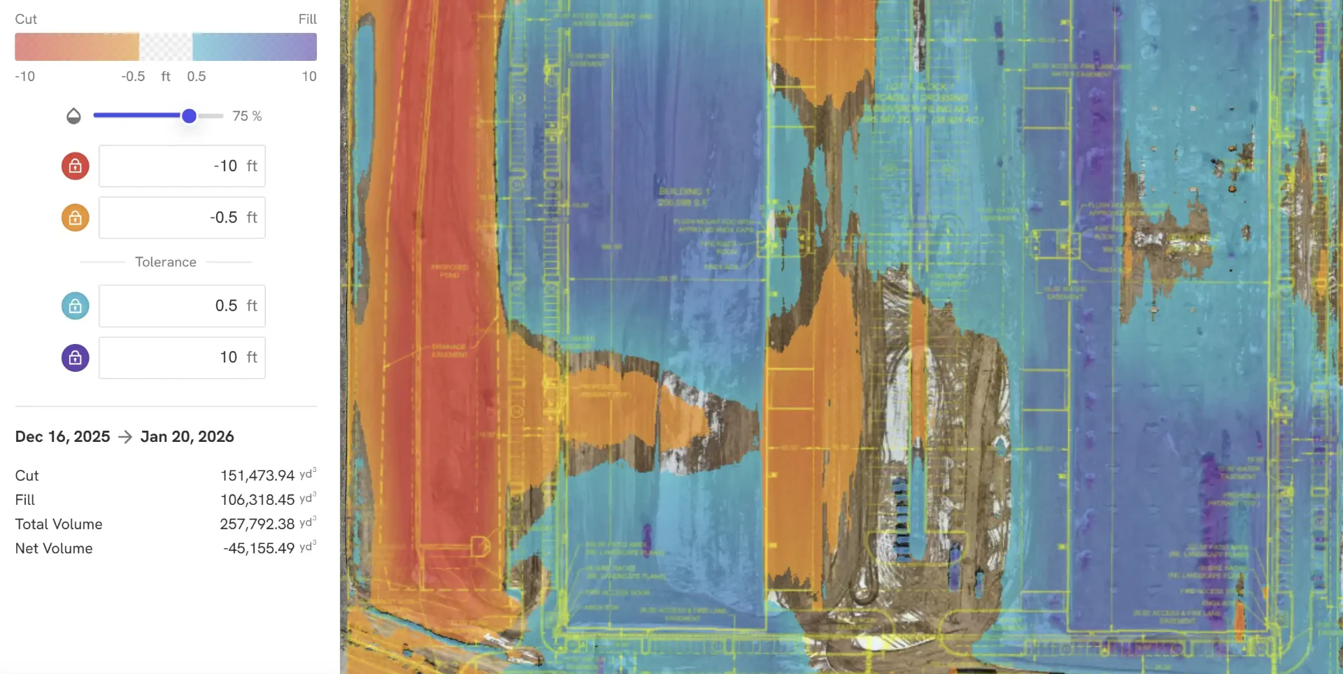 Cut/fill analysis map comparing current terrain against design grade, with cut, fill, total, and net volume totals in cubic yards