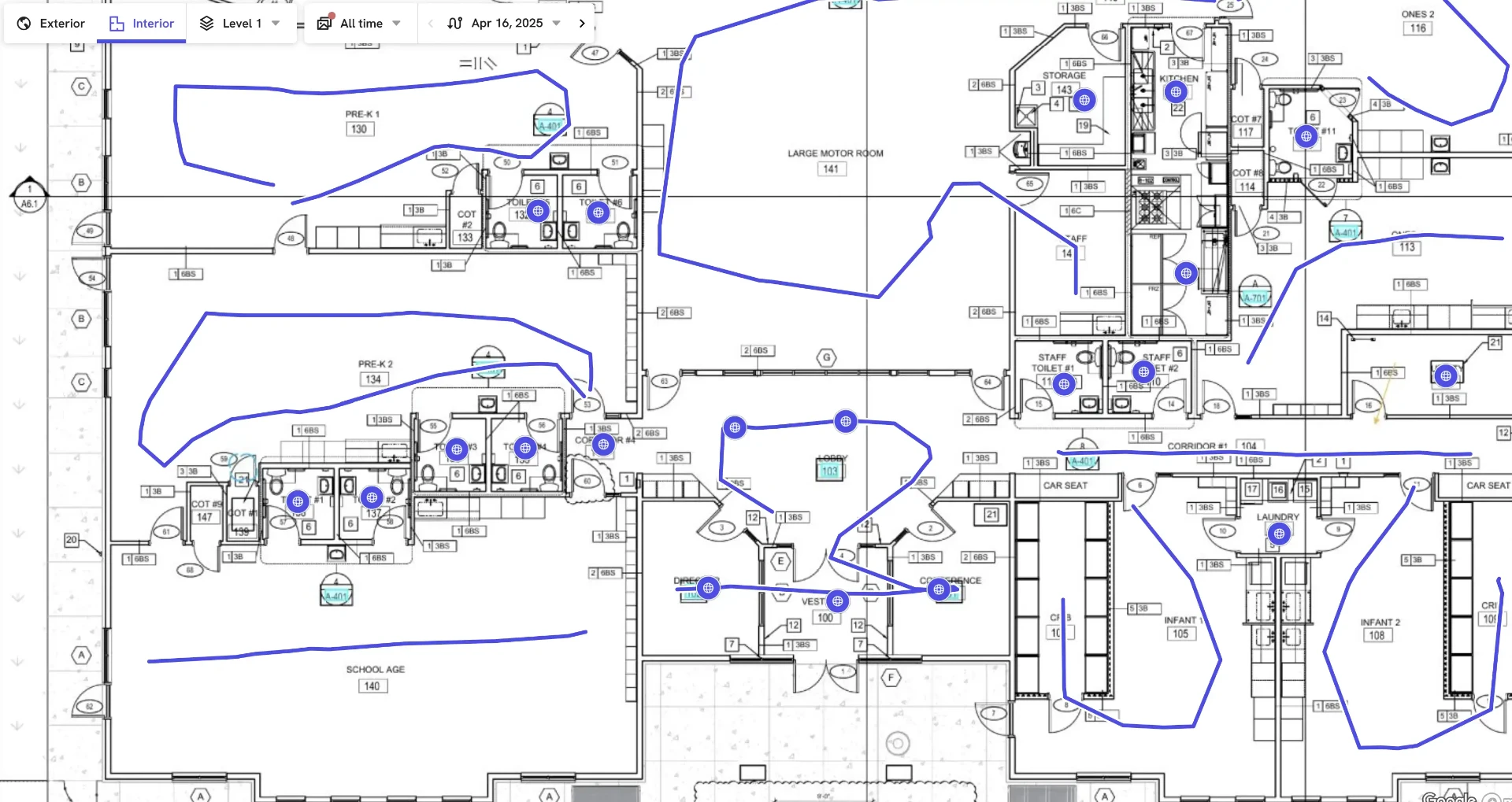 Floor plan overlaid with 360-degree camera positions documenting interior existing conditions
